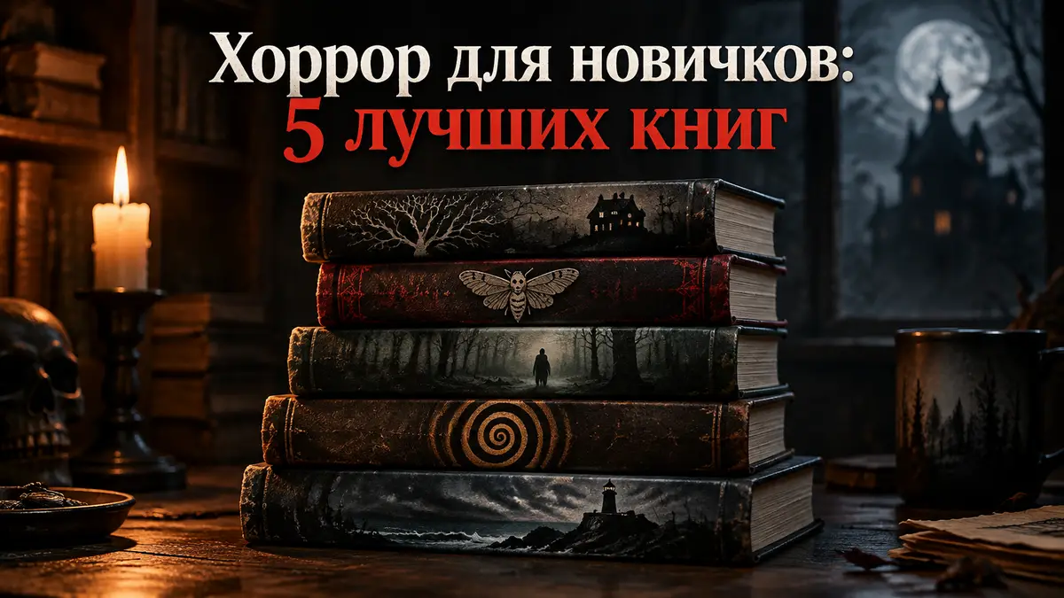 Стопка мистических книг ужасов на темном атмосферном фоне