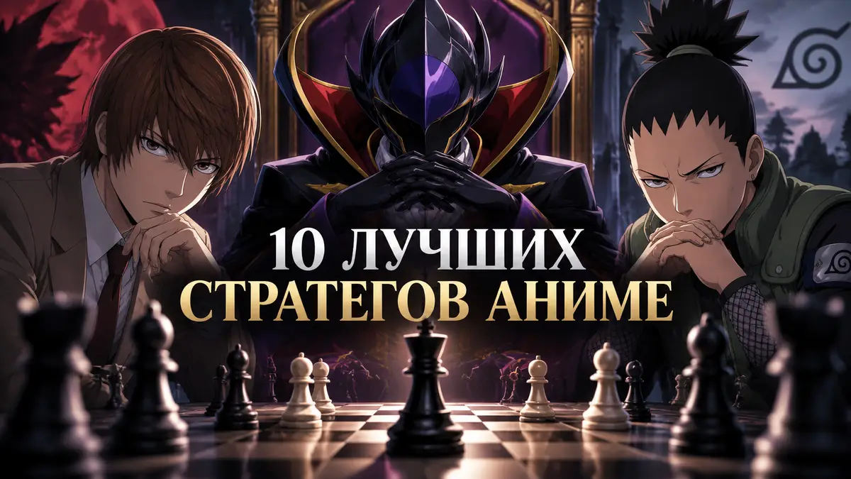 Аниме-постер со стратегами: Лелуш в маске Zero, Лайт Ягами и Сикамару над шахматной доской
