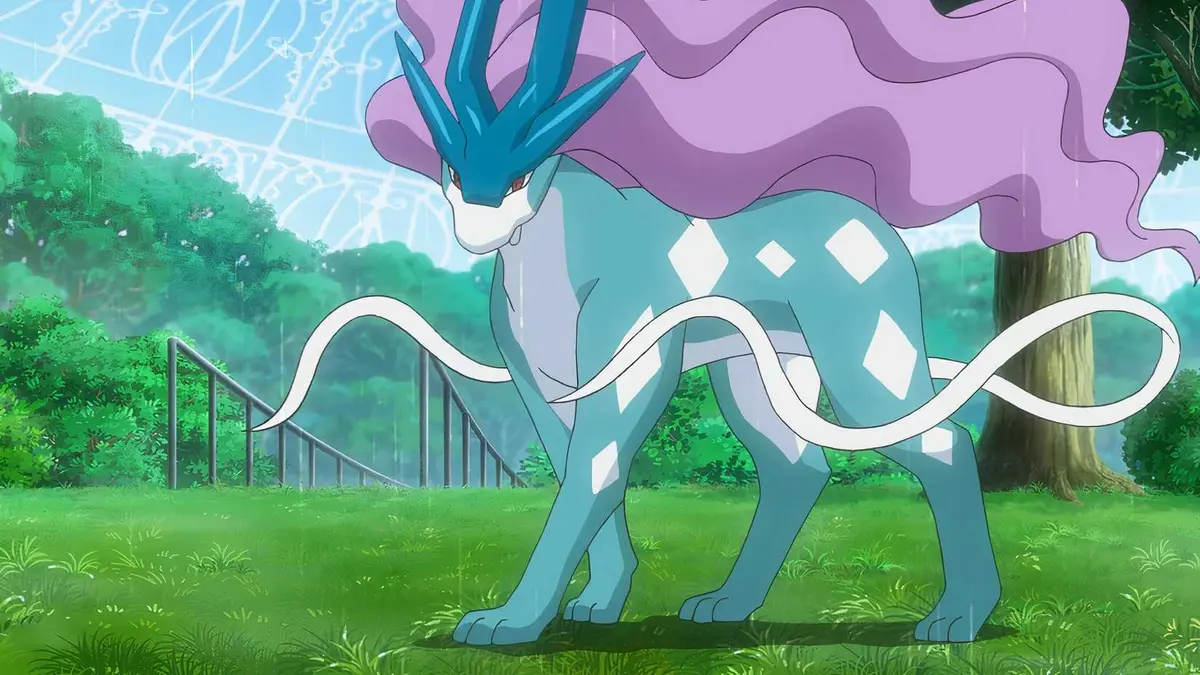 The Legendary Suicine that belongs to Goh stands in the rain in Pokémon Journeys: The Series