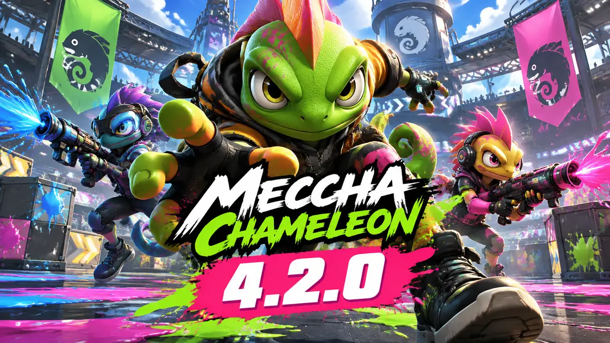 Персонажи игры MECCHA CHAMELEON в ярком боевом стиле на фоне арены