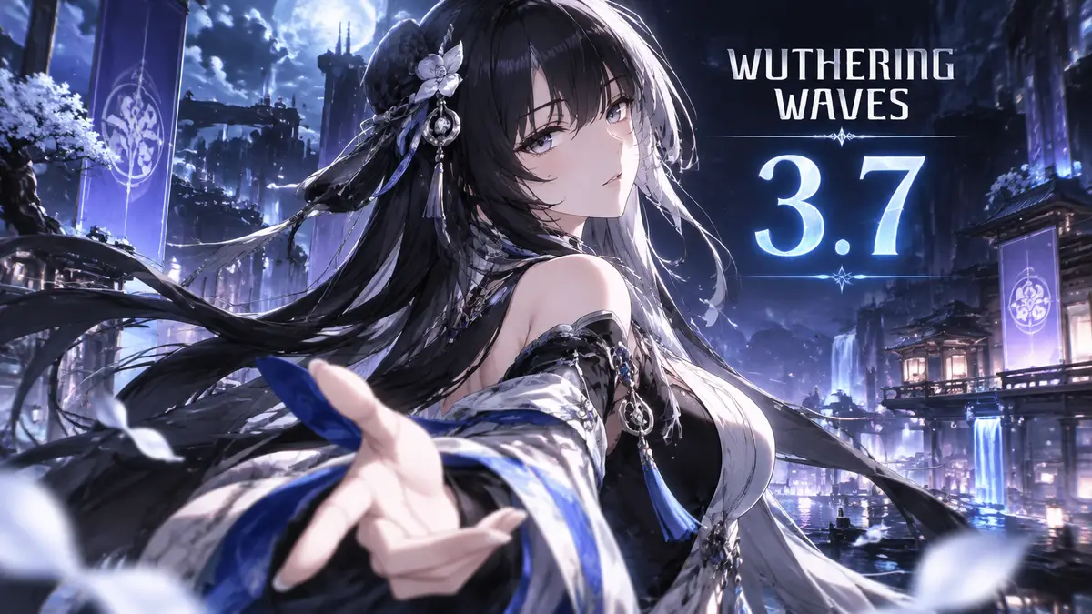Suoming из Wuthering Waves в центре постера на фоне неонового города, логотип WuWa 3.7 сверху