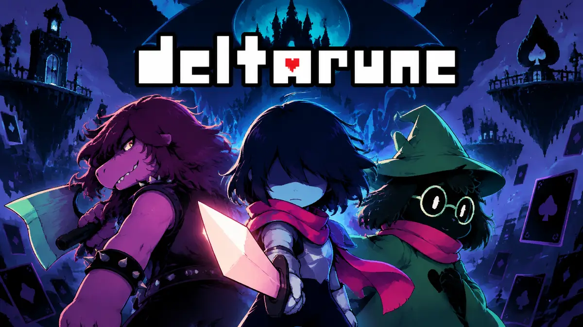 Kris, Susie и Ralsei на фоне логотипа Deltarune и мрачного Тёмного мира — постер к сюжету Deltarune
