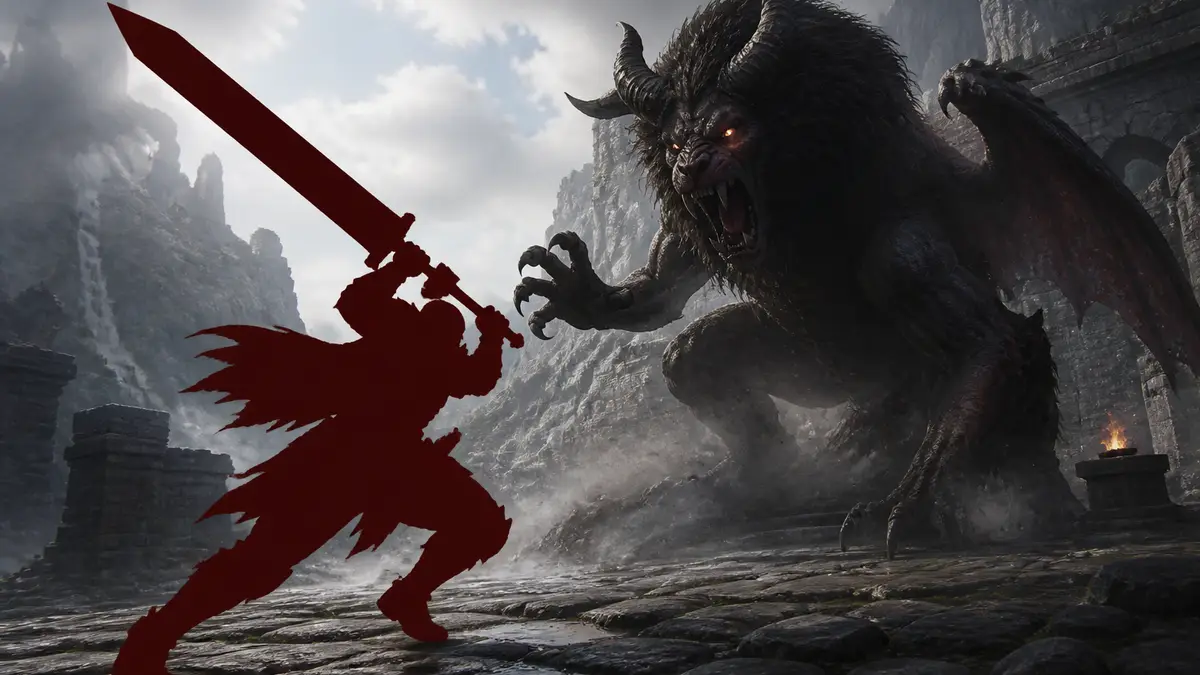 Воин с огромным двуручным мечом в Dragon's Dogma 2 атакует монстра