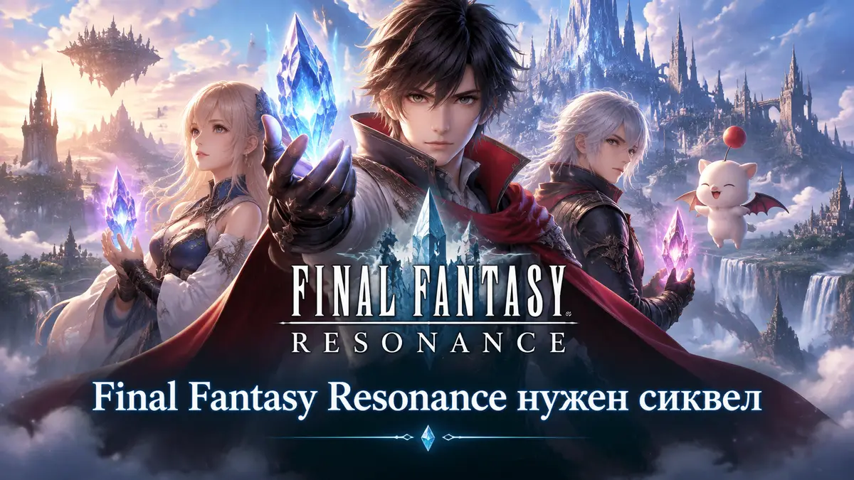 Герои Final Fantasy Resonance с кристаллами Visions на фоне фэнтезийного мира и логотипа игры
