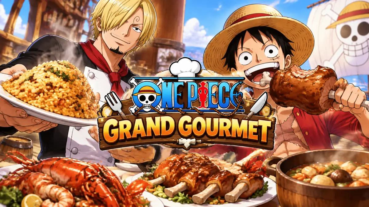 Повар Сандзи и Луффи с мясом на кости за столом с блюдами, логотип One Piece: Grand Gourmet