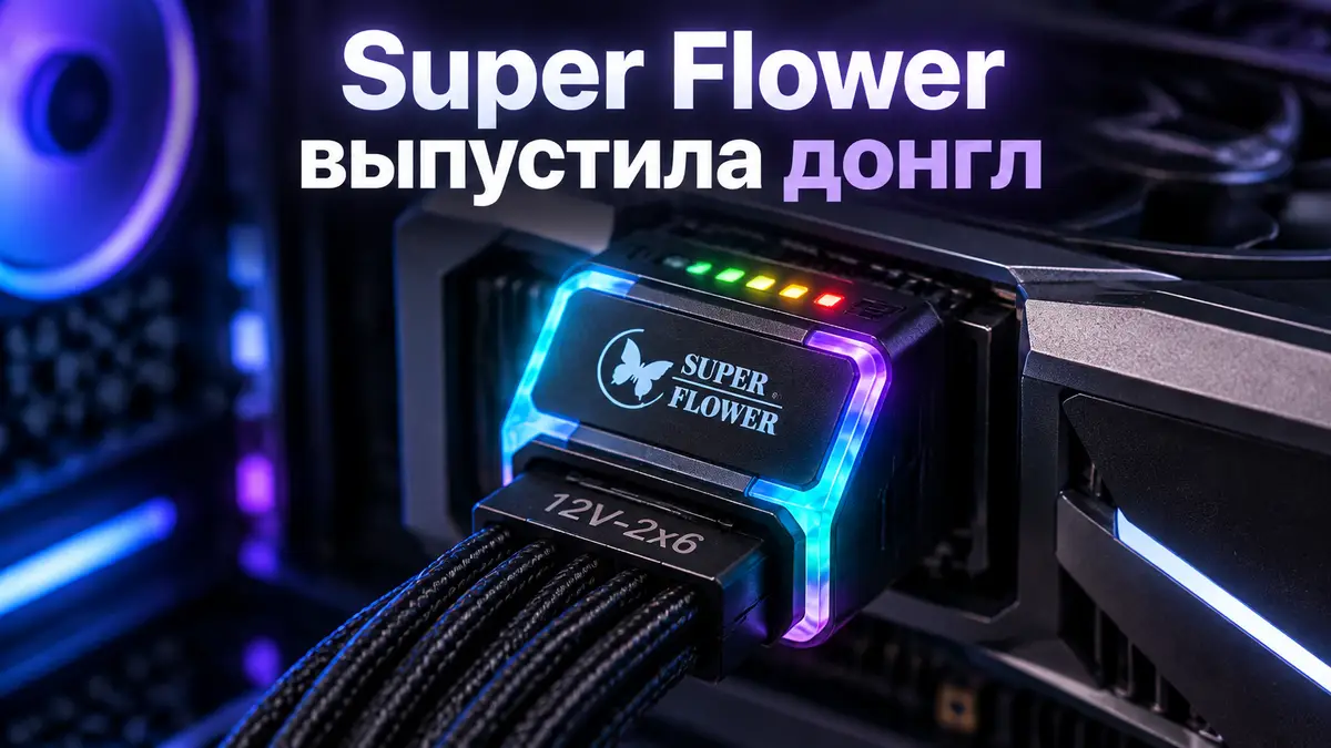Донгл Super Flower OCP с ARGB-подсветкой на разъёме 12V-2x6 видеокарты в корпусе игрового ПК