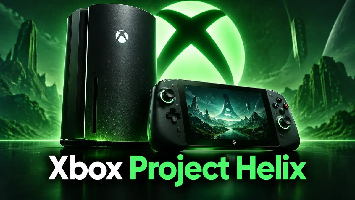 Футуристичная консоль Xbox Project Helix и портативная приставка Microsoft на фоне зелёного логотипа Xbox