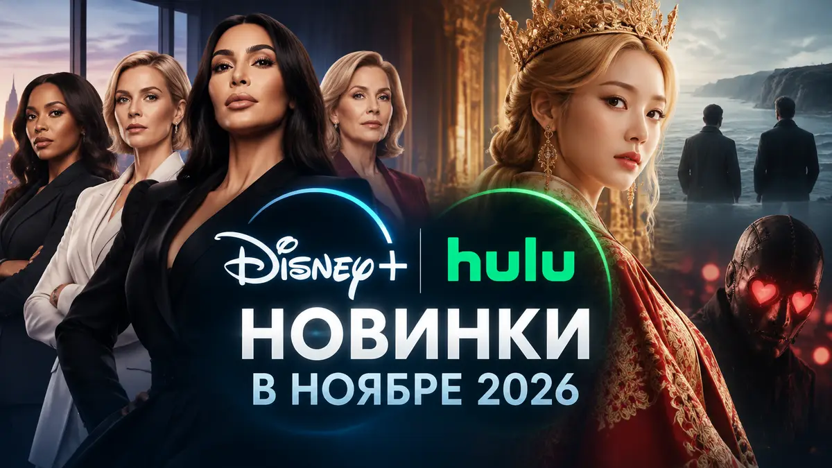 Постер новинок Disney+ и Hulu ноября 2026: адвокатессы All’s Fair и императрица Навье на фоне логотипов