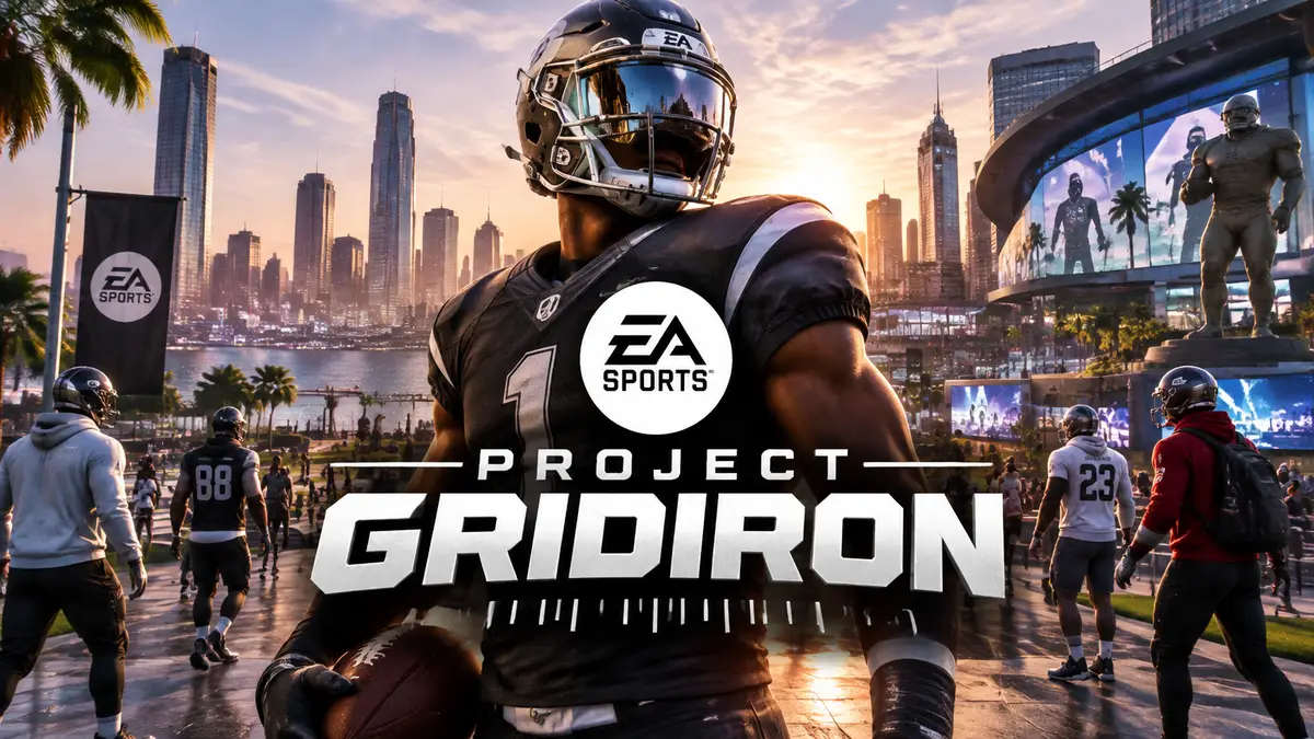 Футболист в шлеме посреди открытого города с другими игроками, логотип EA Sports, арт Project Gridiron