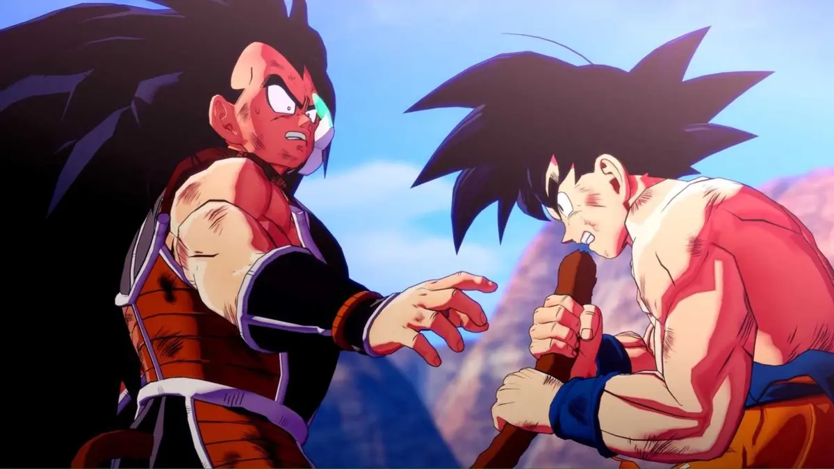 Goku grabbing the tail of Raditz in Dragon Ball Z Kakarot (2020)
