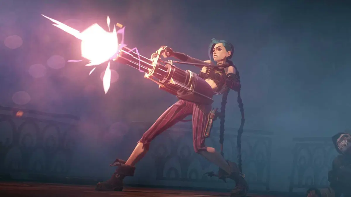 Jinx in season 1 of Netflix's Arcane shooting a large gun.