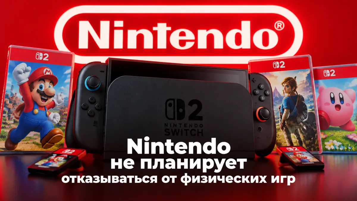 Nintendo Switch 2 и картриджи с физическими играми в коробках на фоне красного логотипа Nintendo