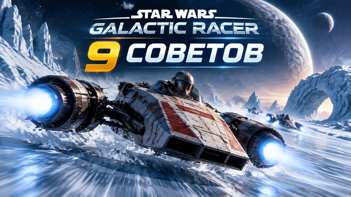 Гоночный спидер Star Wars: Galactic Racer несётся по ледяной трассе на фоне планет и звёздного неба