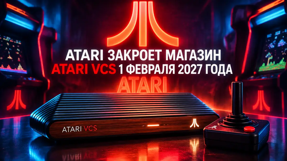 Консоль Atari VCS с ретро-джойстиком в центре на фоне неонового логотипа Atari и аркадного свечения