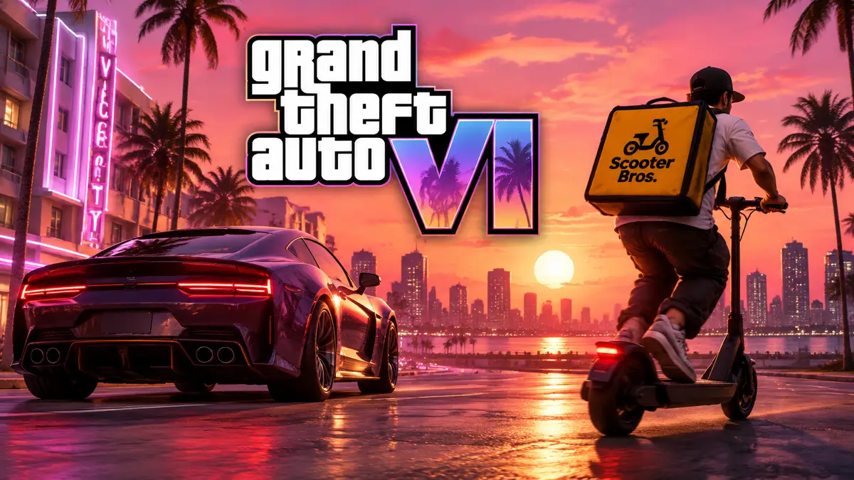 Неоновый закат над Vice City в GTA 6, курьер на самокате уезжает от спортивной машины на пустой улице