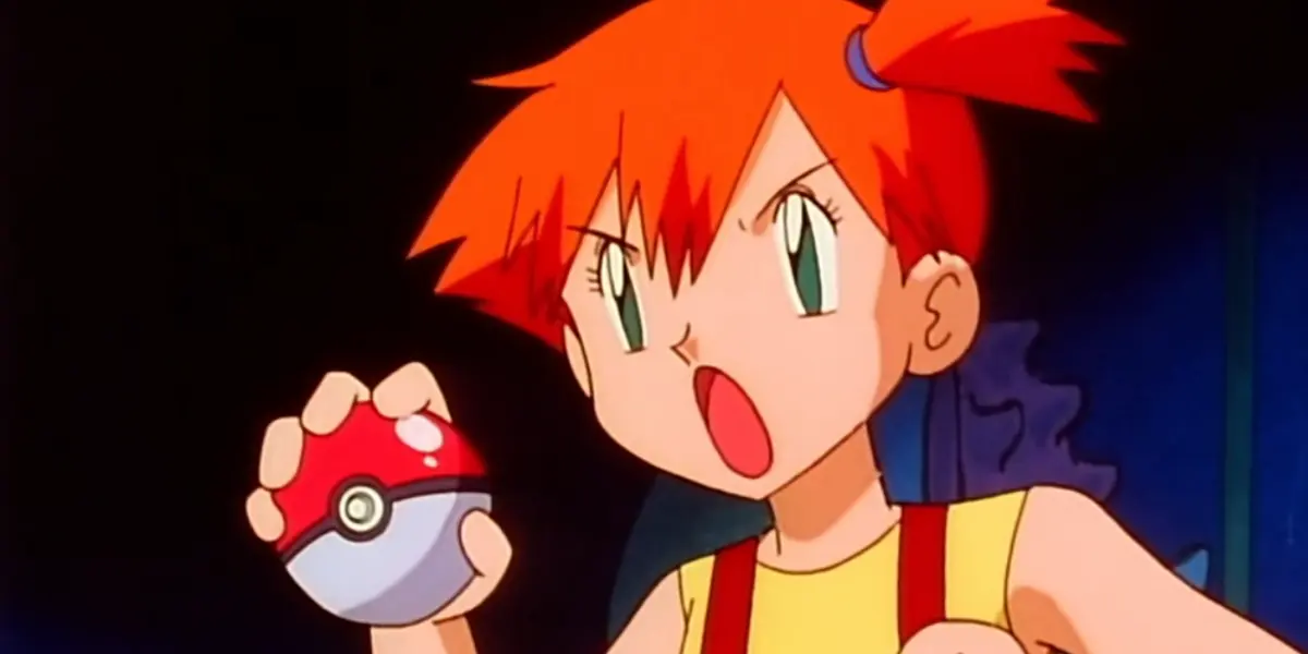Misty looks fierce as she prepares to release a Pokémon during her battle with Ash in the original anime.