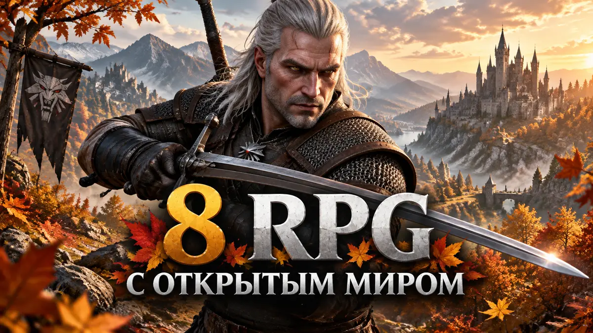 Ведьмак Геральт с мечом на фоне осеннего леса и замков, постер в стиле RPG с открытым миром