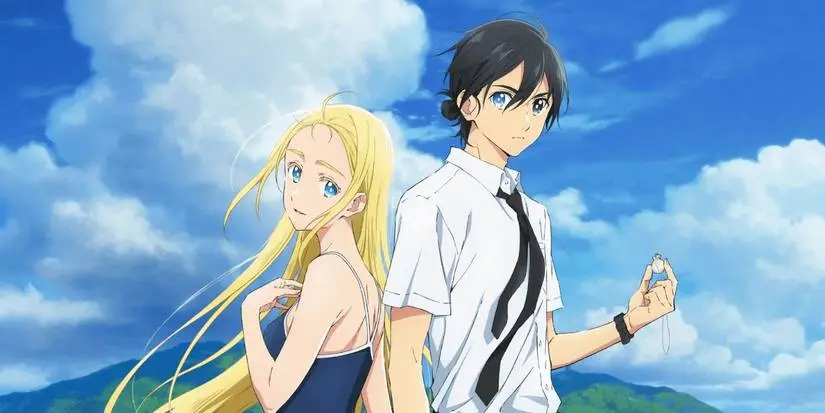 Ushio and Shinpei stand back to back in Summer Time Rendering.
