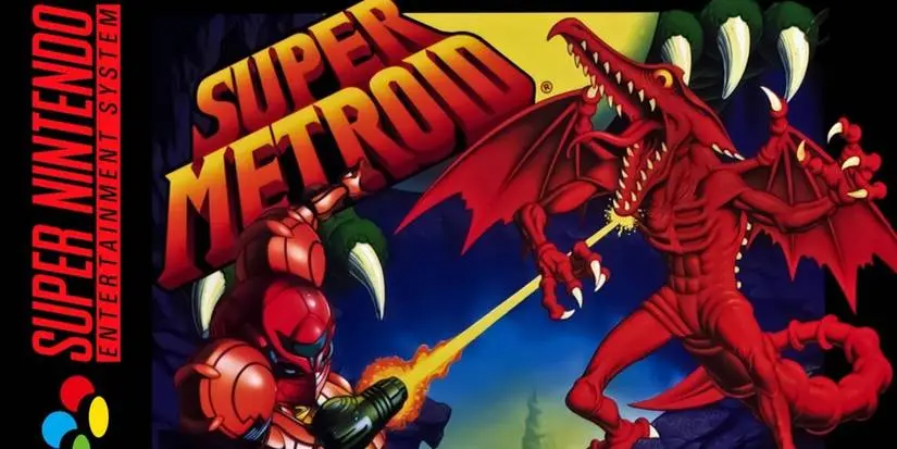 SNES Super Metroid art with Samus fighting Ridley.