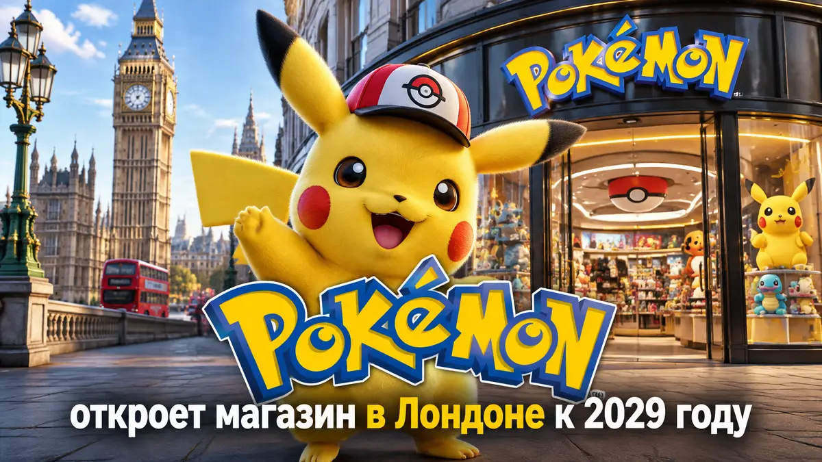 Пикачу на фоне витрины фирменного магазина Pokémon в Лондоне с Биг-Беном и логотипом Pokémon