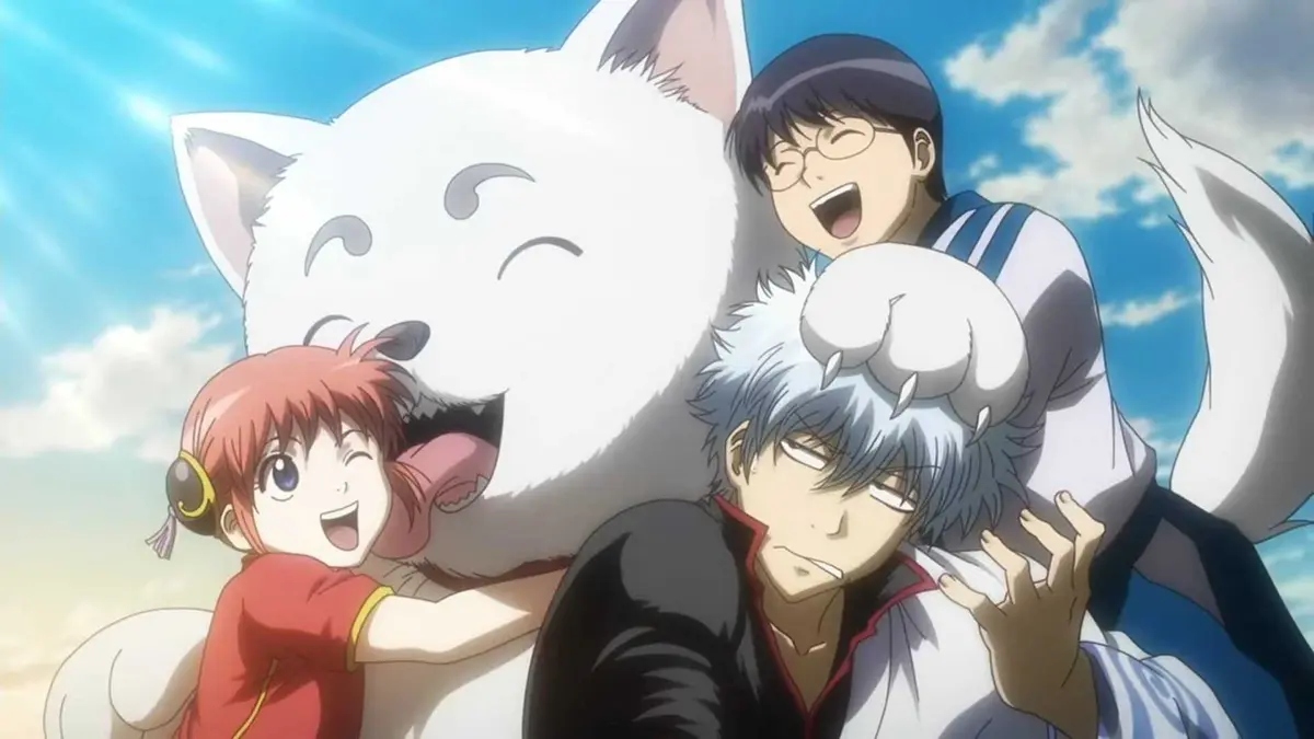 Sadaharu licking Kagura, joyful Shinpachi and an annoyed Gintoki in Gintama.