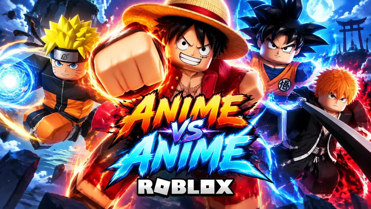 Герои аниме на ярком постере файтинга Anime vs Anime в Roblox
