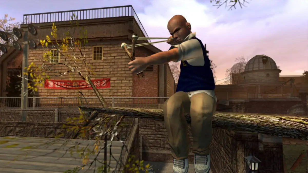 Jimmy Hopkins firing a slingshot in Bully.