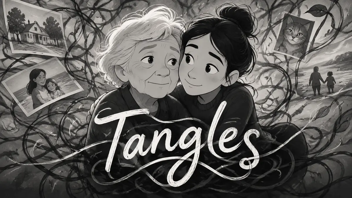 Чёрно-белый рисованный постер мультфильма Tangles: мать и дочь среди спутанных линий-воспоминаний