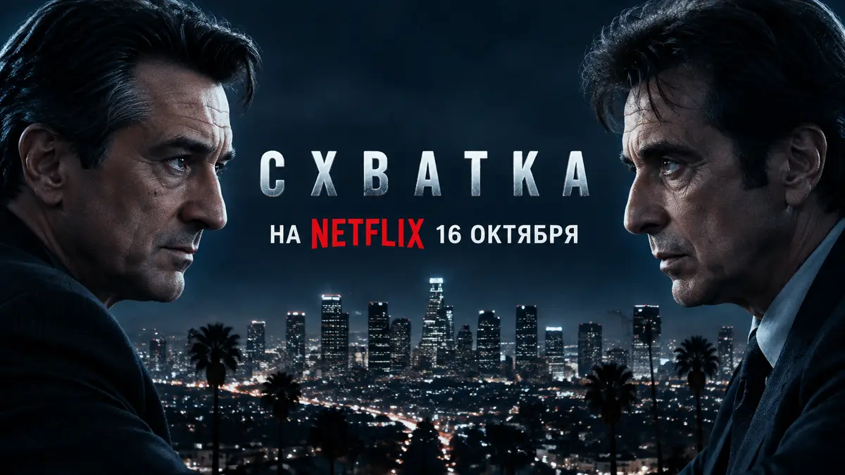 Постер к фильму «Схватка»: Нил Маколи и Винсент Ханна друг напротив друга на фоне ночного Лос-Анджелеса