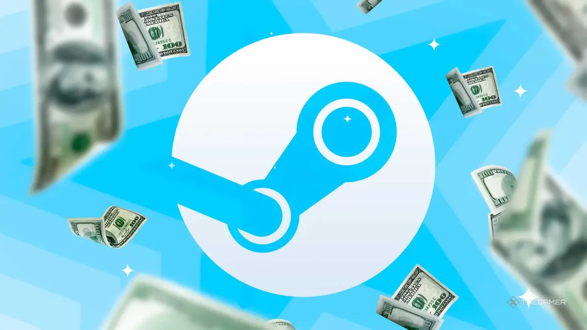 Steam logo over a light blue background surrounded by dollar bills.