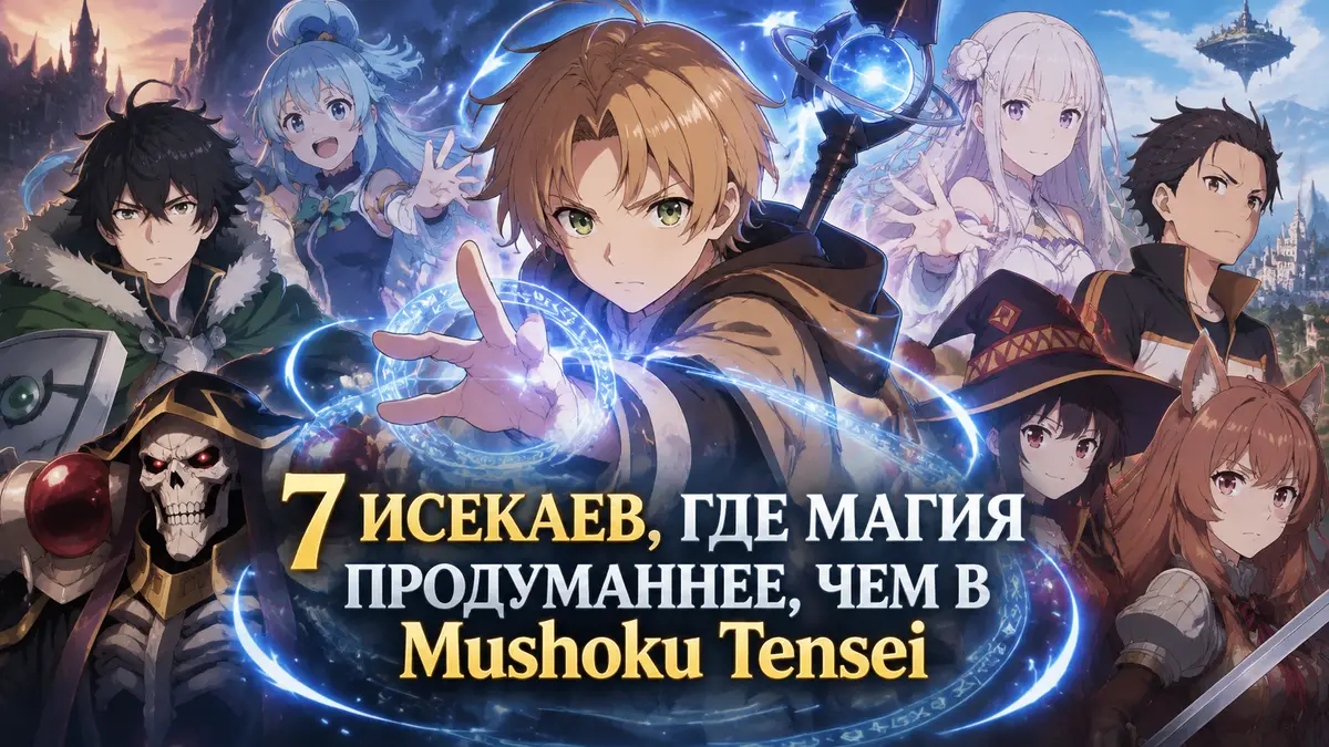 Рудэус Грейрат из аниме Mushoku Tensei творит заклинание в центре, вокруг герои других исекаев