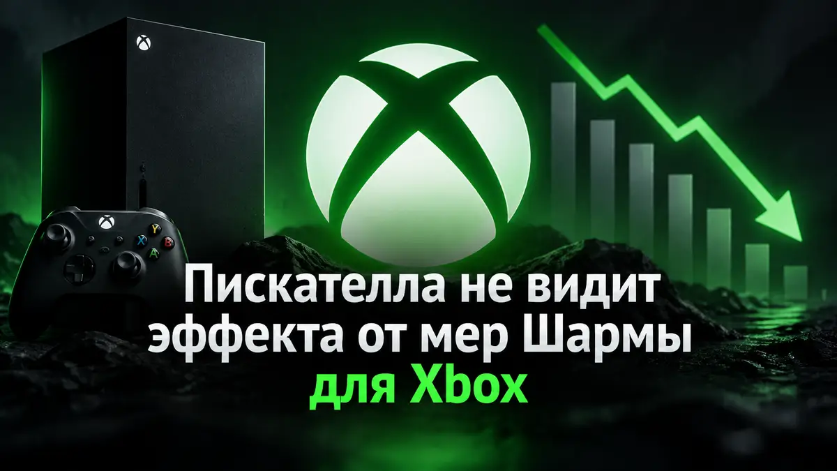 Логотип Xbox на темном фоне с силуэтом современной консоли и графиками продаж