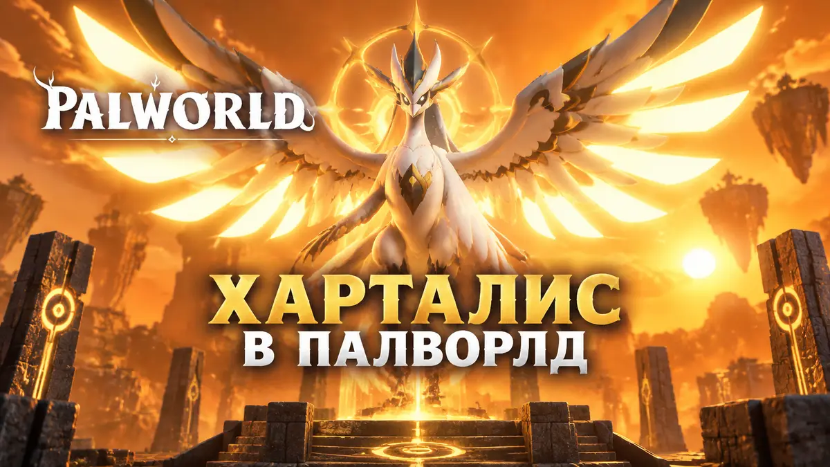 Харталис из Palworld с сияющими крыльями из света над алтарём призыва, логотип Palworld, оранжевый фон