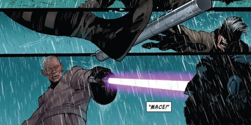 Mace Windu ignites his lightsaber against an enemy in Star Wars comics.