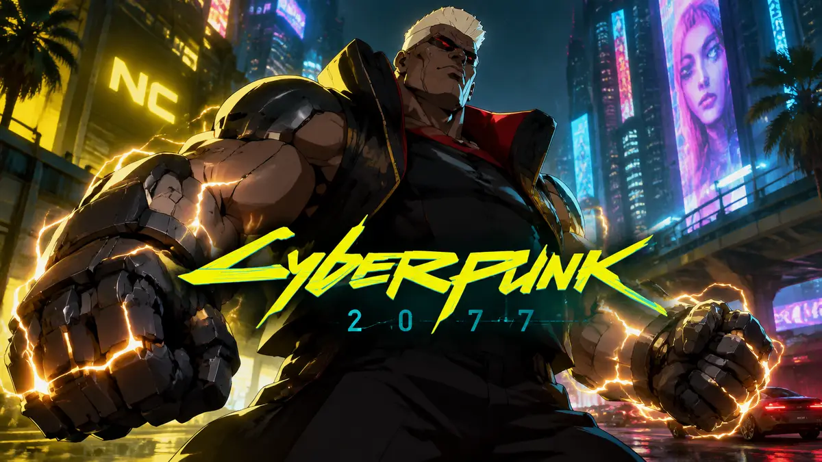 Уик Кингсли с кибернетическими руками в неоновом Найт-Сити Cyberpunk 2077