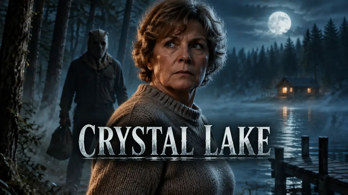 Памела Вурхиз в свитере стоит у туманного озера Crystal Lake, за ней в лесу силуэт Джейсона с мешком на голове