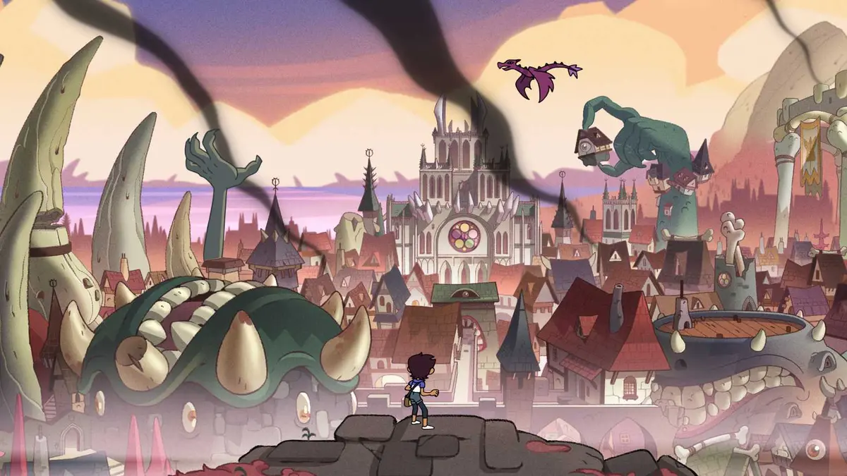Luz looking at the main buildings in the TV show, The Owl House