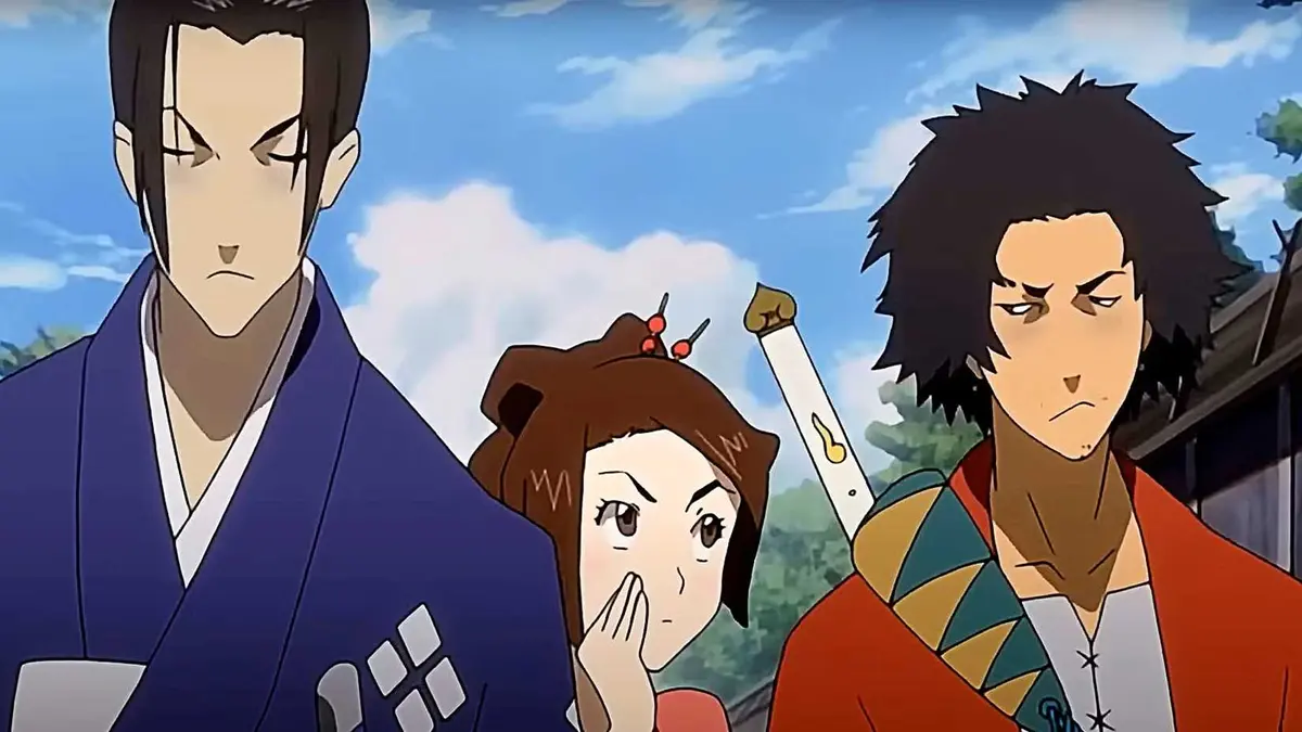 Jin, Fuu, and Mugen standing together looking nonchalant while Fuu leans over to whisper to Mugen in Samurai Champloo