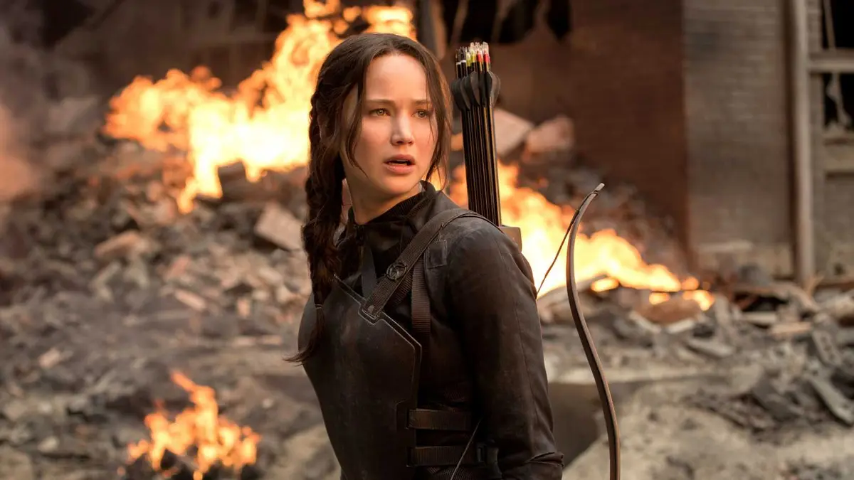 Katniss Everdeen against a fiery background