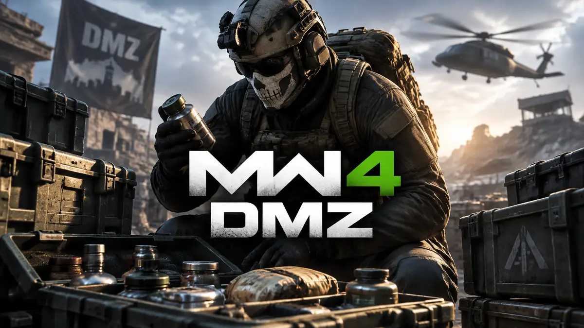 Боец спецназа с тактическим рюкзаком в стиле Modern Warfare 4 DMZ среди ящиков со снаряжением
