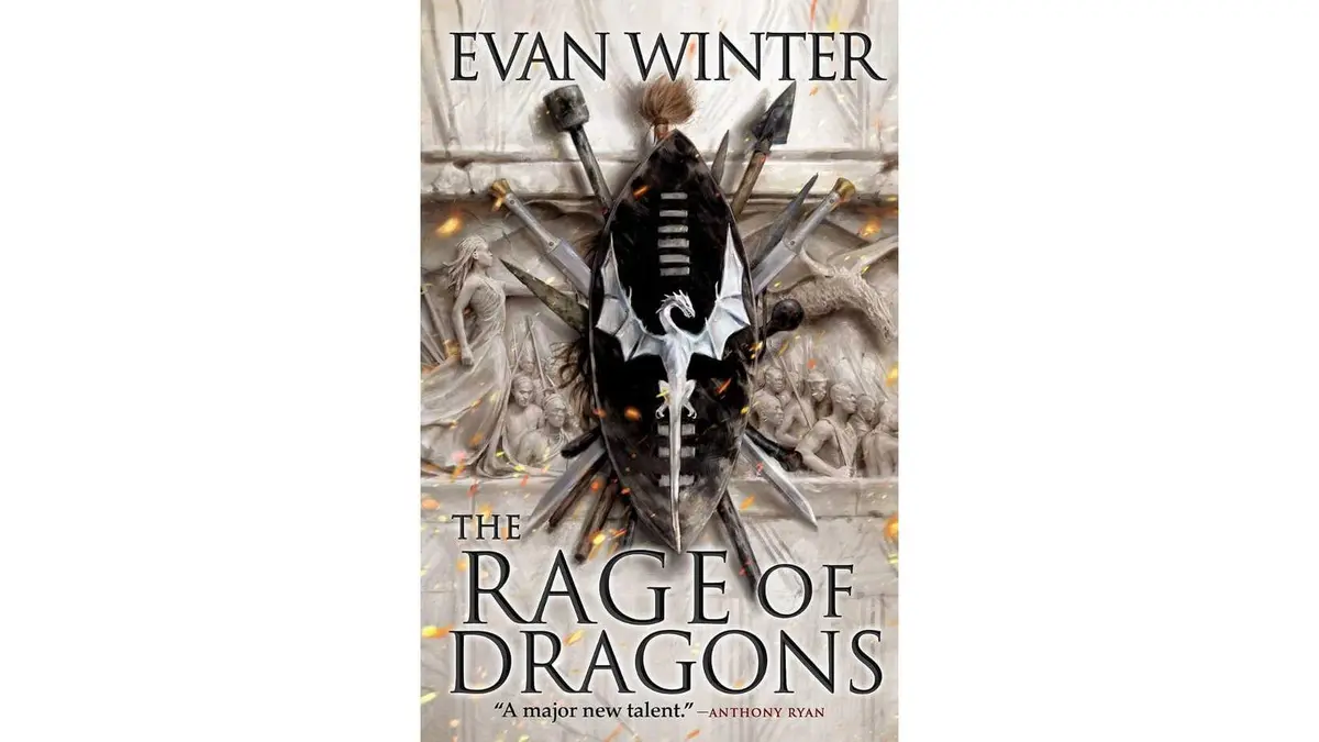 The Rage of Dragons by Evan Winter featuring a dragon shield with weapons on top a marble high-relief sculpture of a battle
