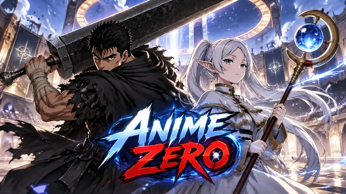 Гатс с огромным мечом и Фрирен с магическим посохом в центре постера Anime Zero на фоне сияющей арены