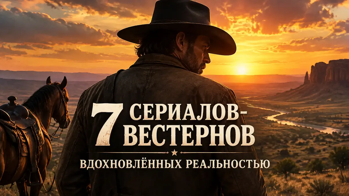 Ковбой в шляпе на фоне бескрайних прерий и заката, постер подборки сериалов-вестернов о реальной истории
