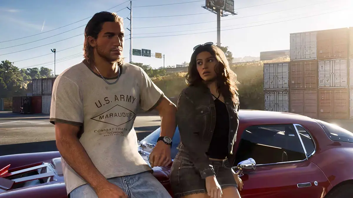 gta 6 jason and lucia leaning against a red car