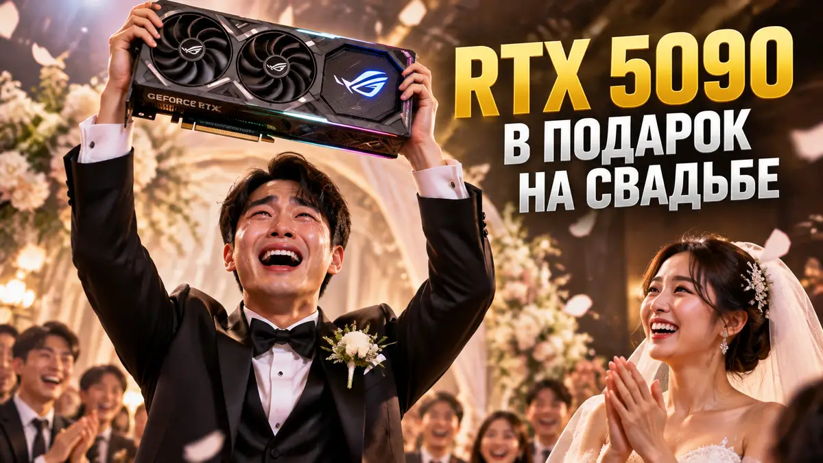 Счастливый жених в свадебном костюме поднимает видеокарту ASUS ROG Astral RTX 5090 над гостями праздника