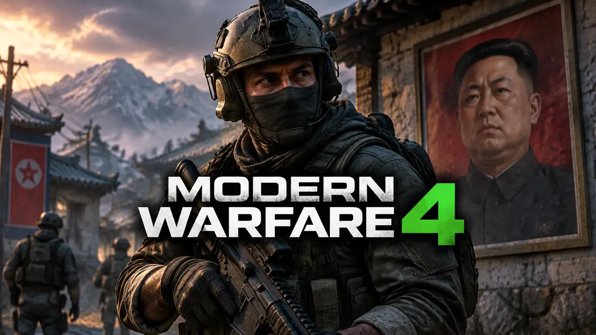 Солдат Modern Warfare 4 в тактическом снаряжении в корейской деревне, за ним портрет вождя на стене