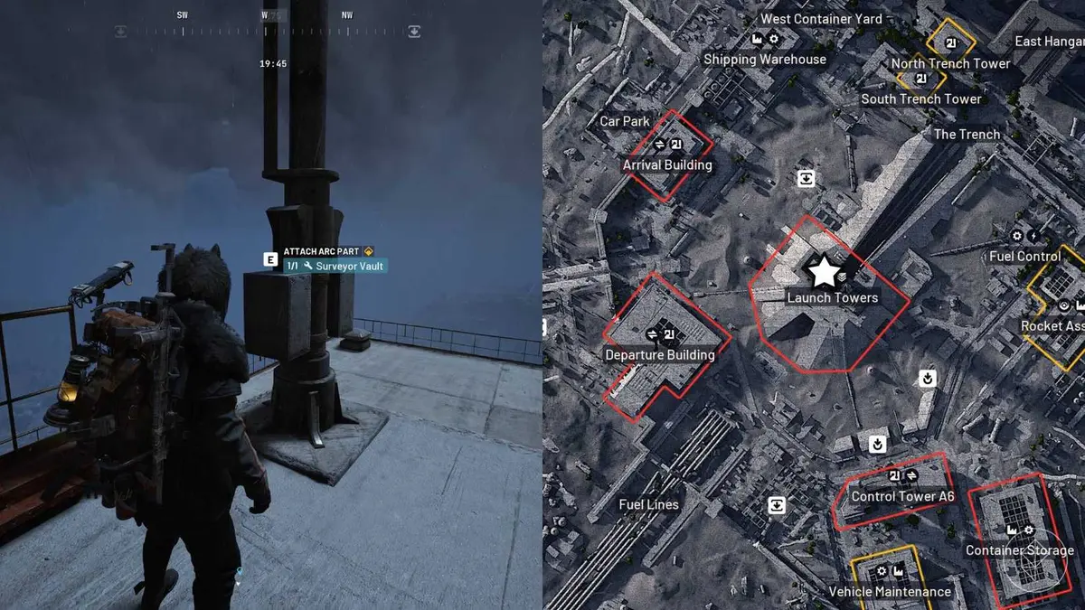The left-hand side of the image shows the player standing in front of the objective for the "Wires Crossed" quest in Arc Raiders while the right-hand side shows the location marked on the in-game map