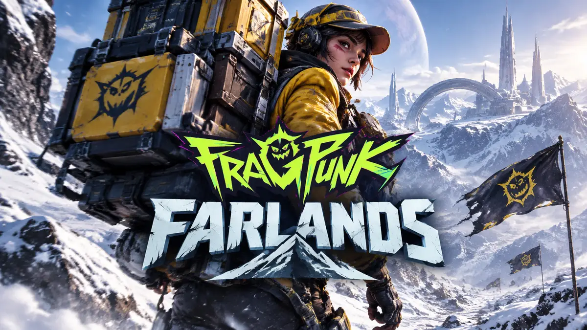 Курьер FragPunk с грузом посылок на спине идёт через заснеженные горы, логотип режима Farlands