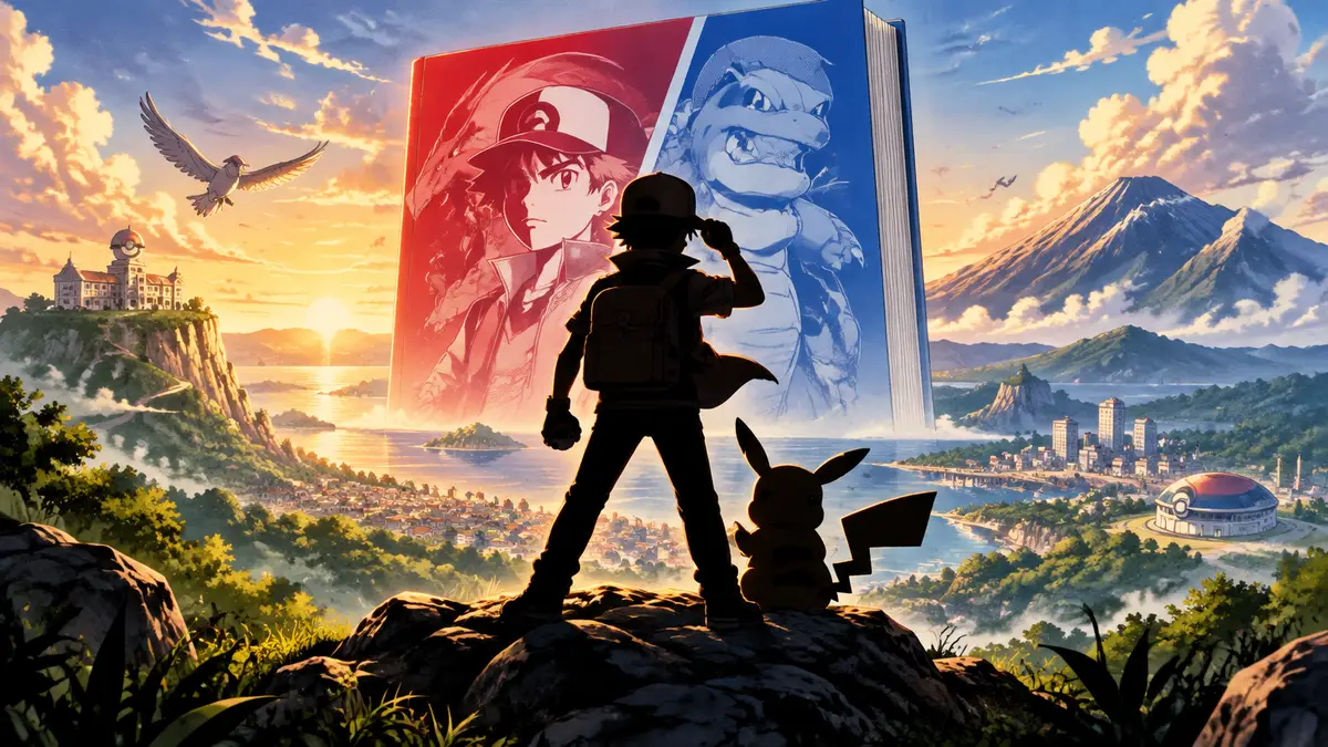Тренер Red с Pikachu на фоне холмов Kanto, обложка манги Pokémon Adventures в стиле Мато