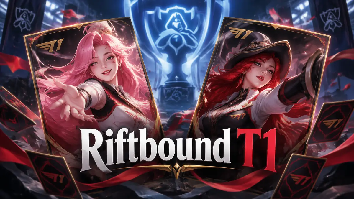Карты Riftbound с Серафиной и Мисс Фортуной в стиле T1 на фоне логотипа League of Legends Worlds